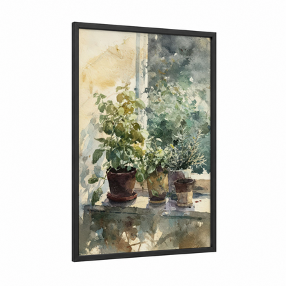 Windowsill Herbs framed art print — black wood frame — sage green and cream palette