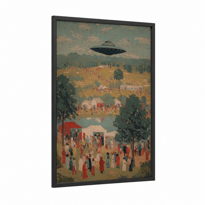 Vintage UFO Encounter framed art print — black wood frame — dove gray and cream palette