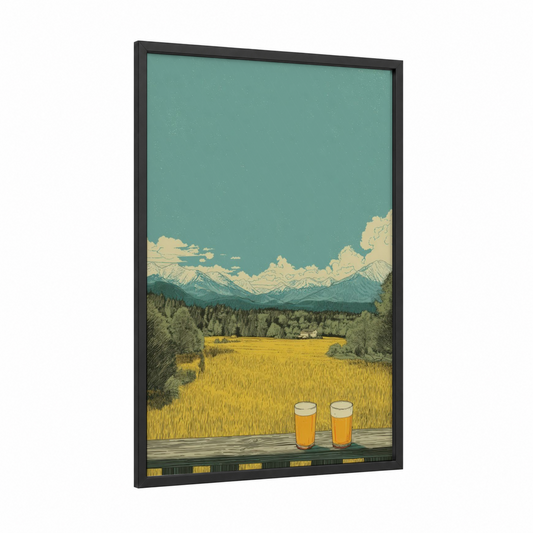 Mountain Valley Beer framed art print — black wood frame — teal and yellow gold palette