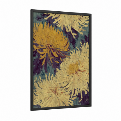 Golden Chrysanthemum framed art print — black wood frame — gold and purple palette