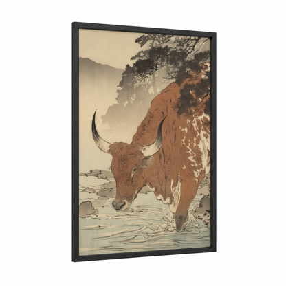 Mountain Longhorn framed longhorn cow print — black wood frame — beige and russet palette