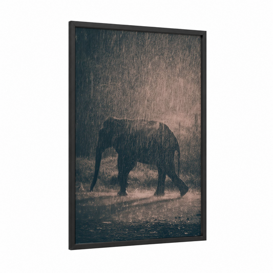 Monsoon Elephant framed asian elephant print — black wood frame — dark blue and russet palette