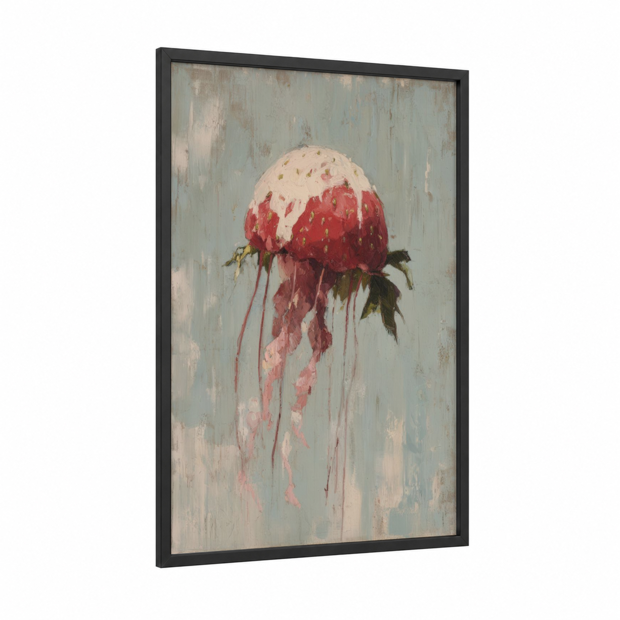 Crimson Jellyfish framed art print — black wood frame — pink and sage green palette