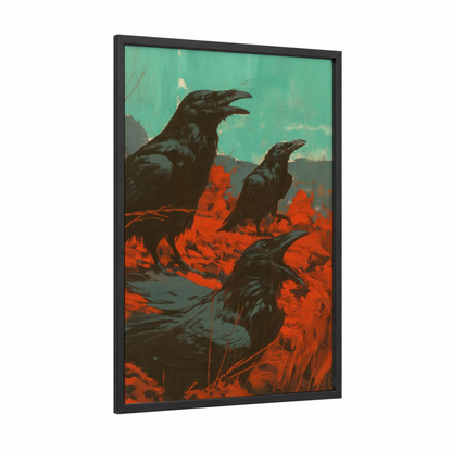 Volcanic Ravens framed crows and ravens print — black wood frame — turquoise and orange palette