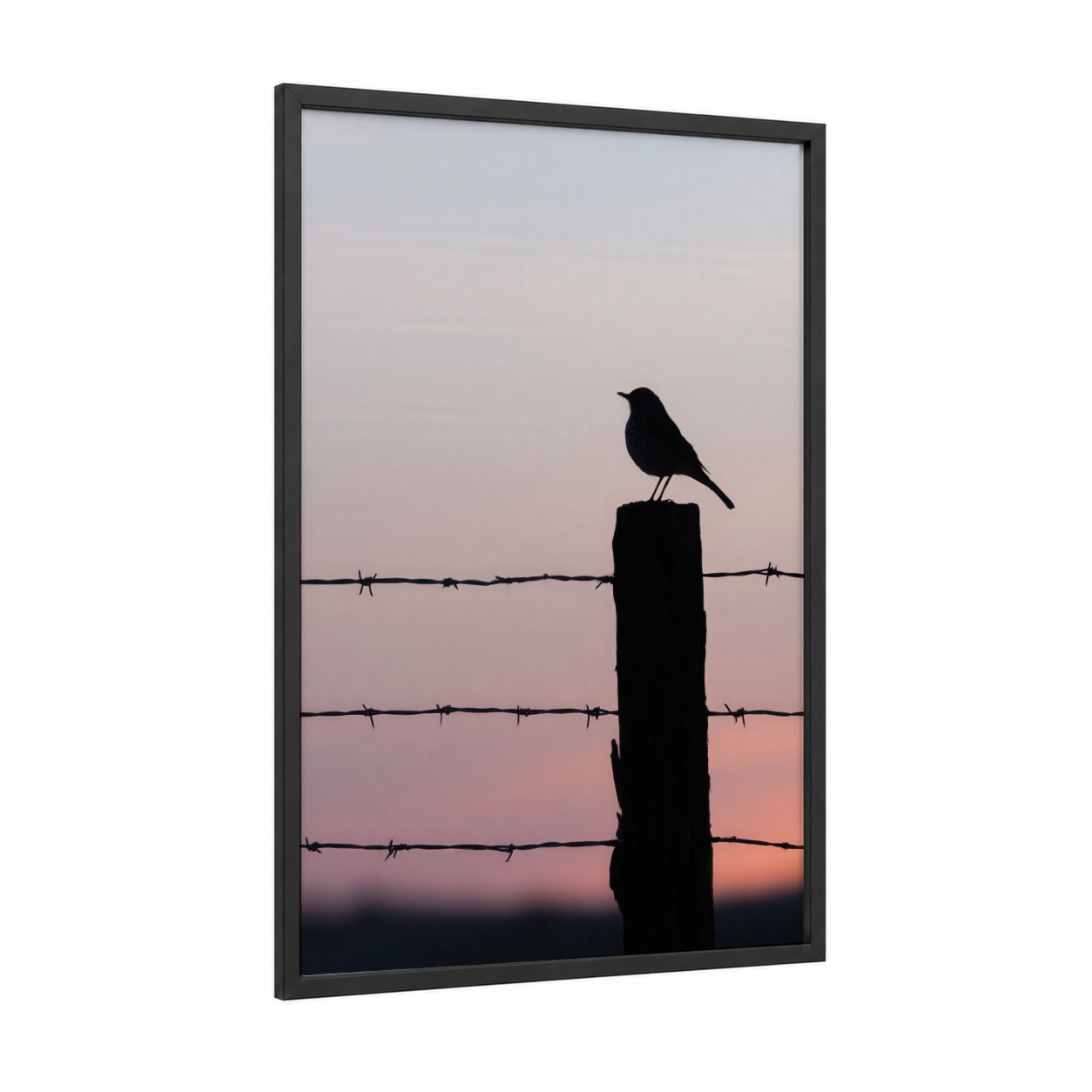 Sunset Thrush framed art print — black wood frame — salmon pink and dove gray palette