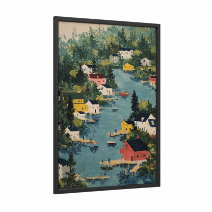 Waterfront Island Village framed art print — black wood frame — cream and light green palette