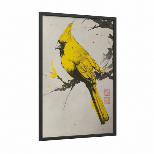 Yellow Cardinal Study framed art print — black wood frame — yellow gold and black palette