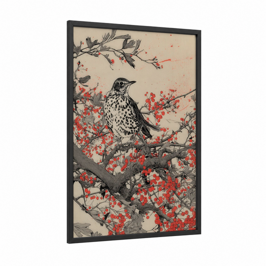 Speckled Thrush framed art print — black wood frame — beige and red palette