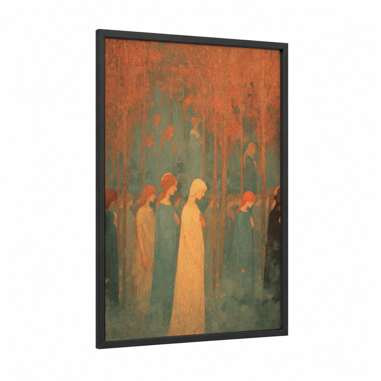 Solemn Procession framed all saints day print — black wood frame — teal palette
