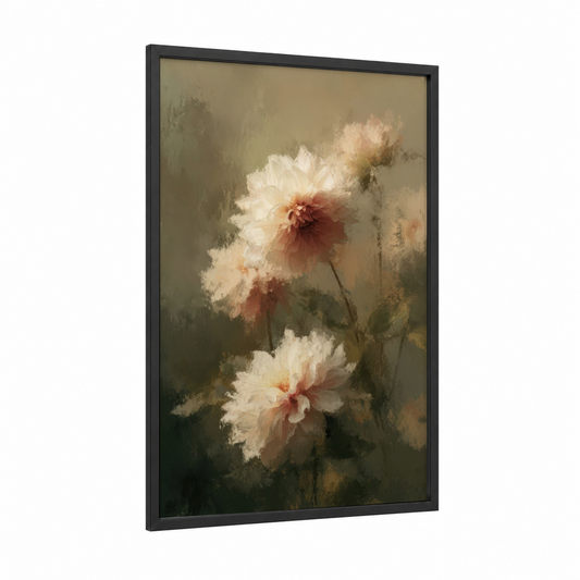 Romantic Dahlia Pair framed art print — black wood frame — cream and peach palette