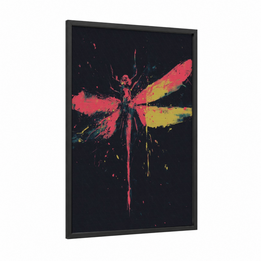 Neon Dragonfly framed art print — black wood frame — magenta and yellow gold palette