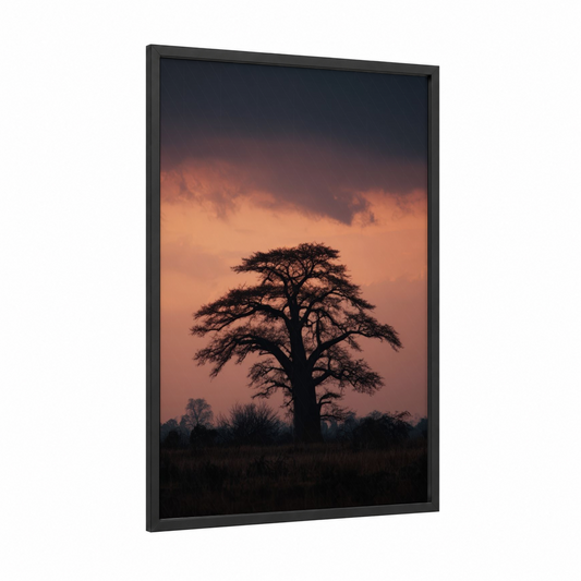 Sunset Baobab framed baobab tree print — black wood frame — orange and black palette