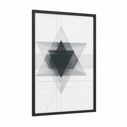 Sacred Star Geometry framed judaism print — black wood frame — black and white and gray palette