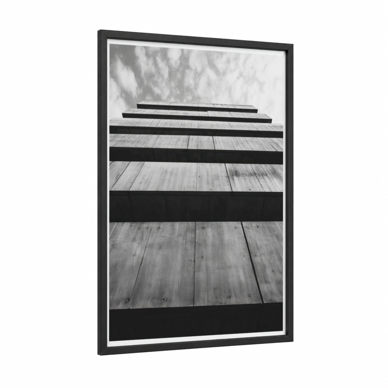 Striped Skyrise framed abstract architecture print — black wood frame — black and white and gray palette