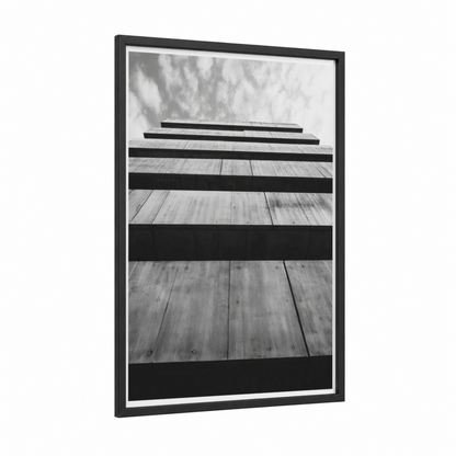 Striped Skyrise framed abstract architecture print — black wood frame — black and white and gray palette
