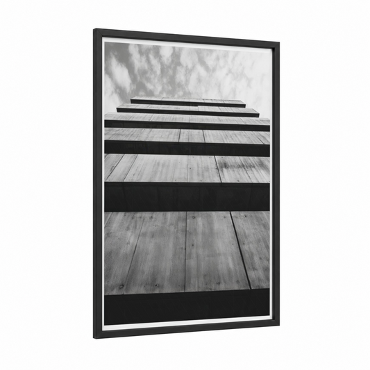 Striped Skyrise framed abstract architecture print — black wood frame — black and white and gray palette