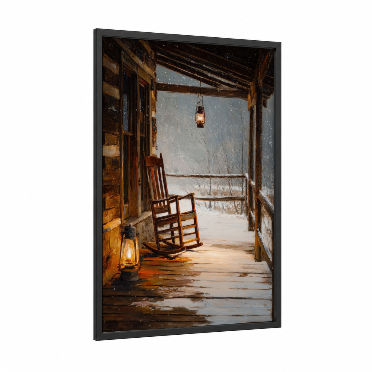 Snowy Cottage Porch framed art print — black wood frame — brown and white palette