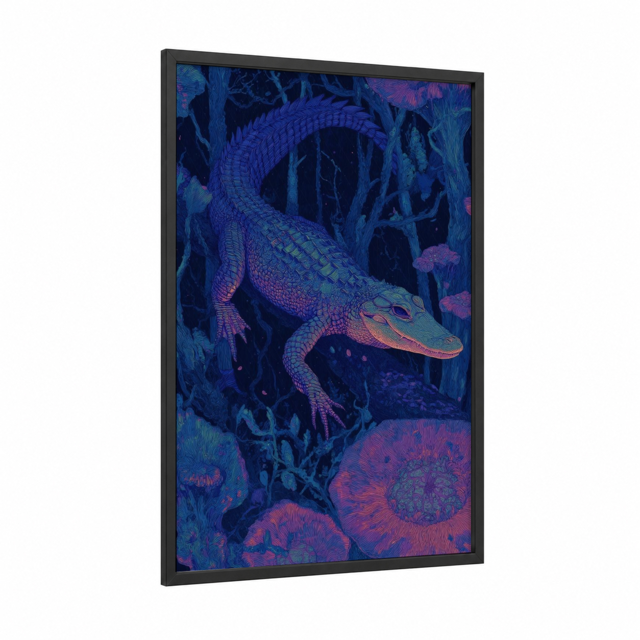 Neon Alligator framed art print — black wood frame — blue and magenta palette