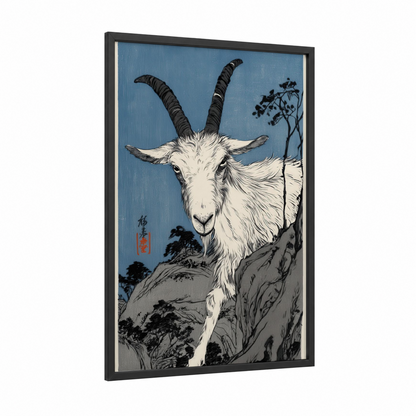 Mountain Goat framed art print — black wood frame — blue and black and white palette