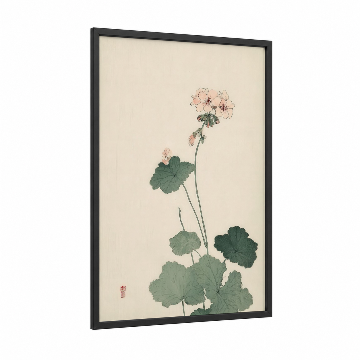 Delicate Geranium framed art print — black wood frame — sage green and peach palette