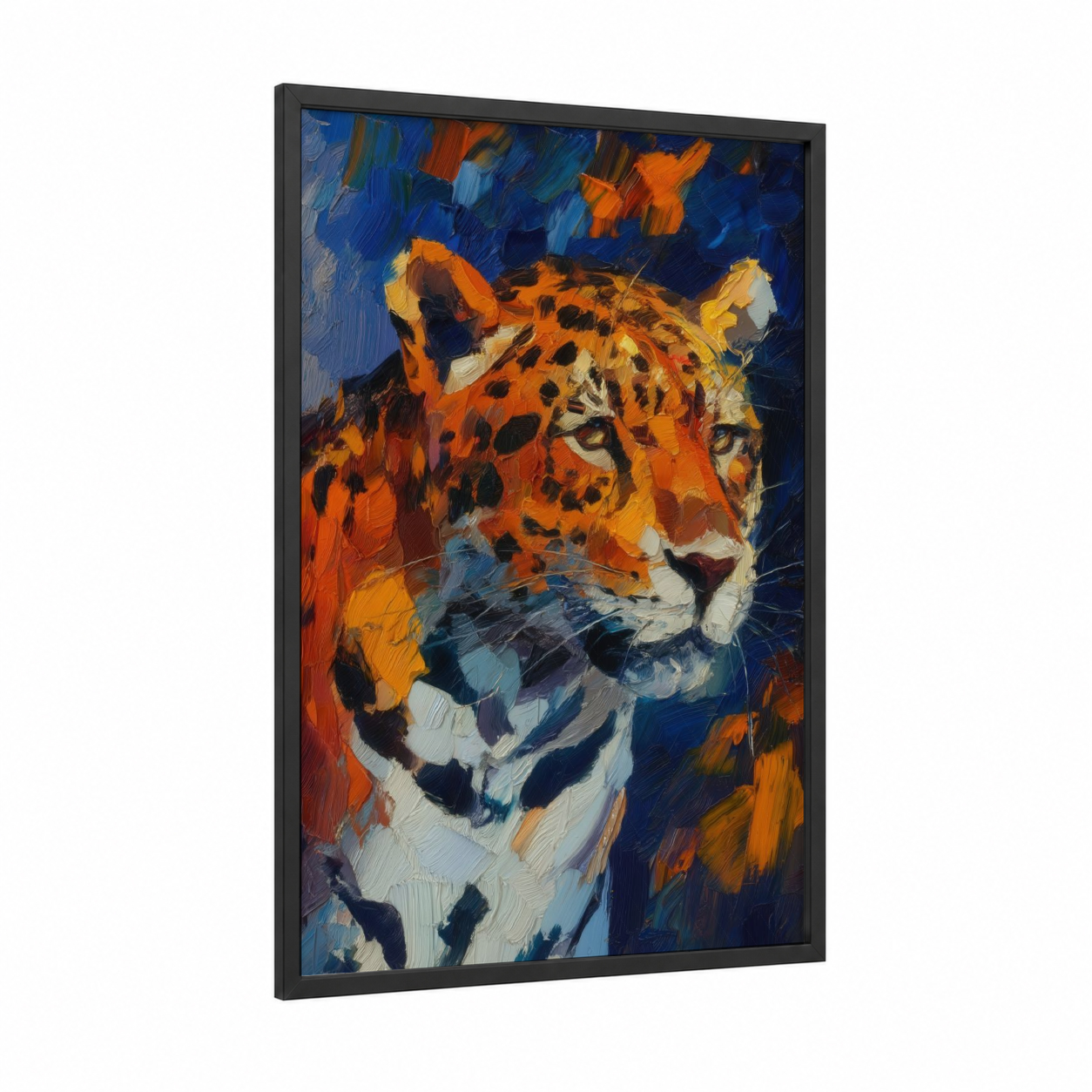 Golden Jaguar framed art print — black wood frame — gold and blue palette