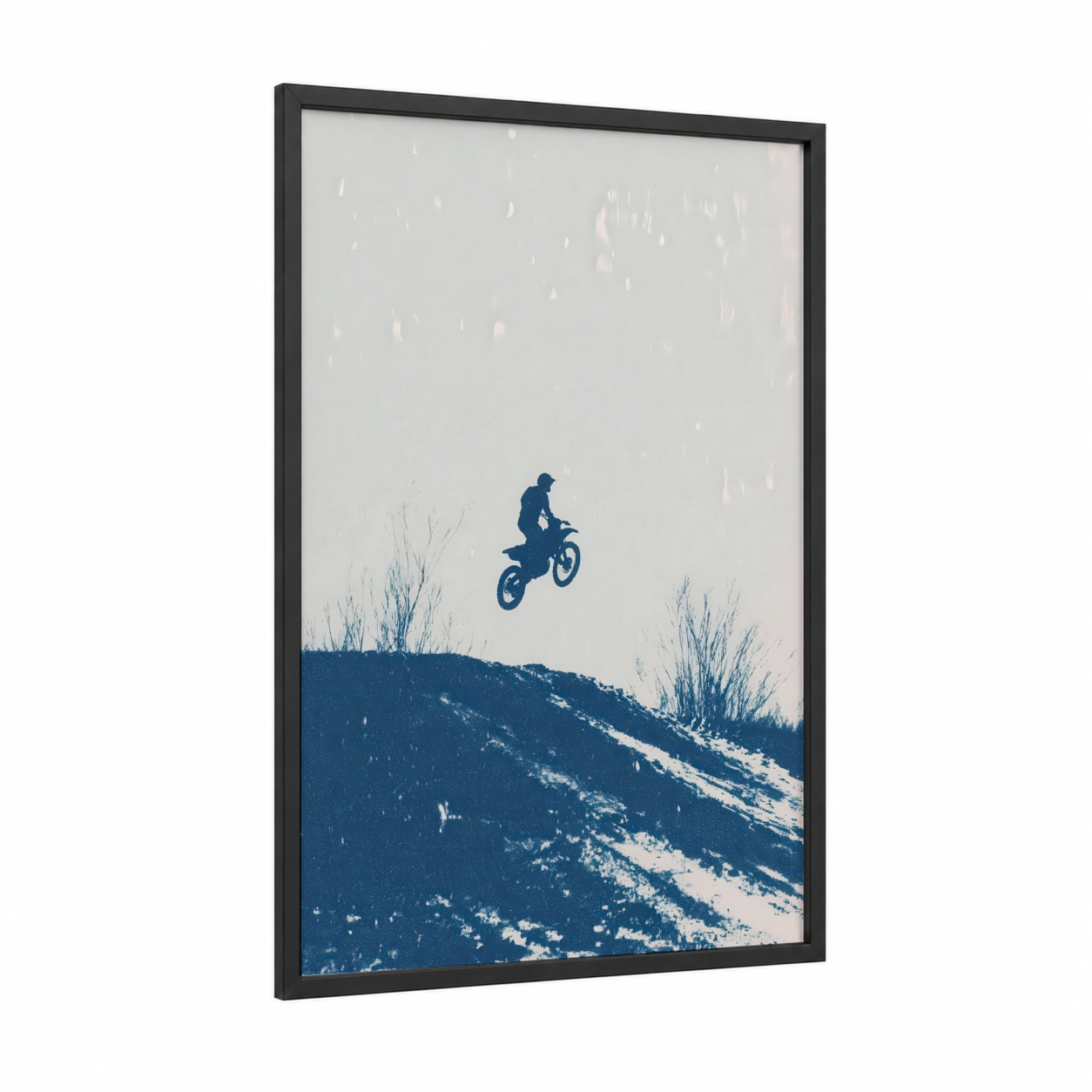 Snowy Jump framed motocross print — black wood frame — dark blue and gray and white palette