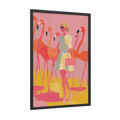 Flamingo Fashion framed fashion illustration print — black wood frame — pink and yellow palette