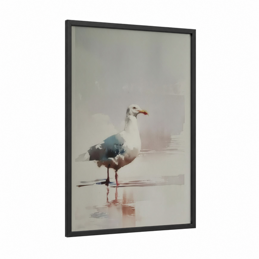 Misty Seagull framed art print — black wood frame — gray and white and dove gray palette