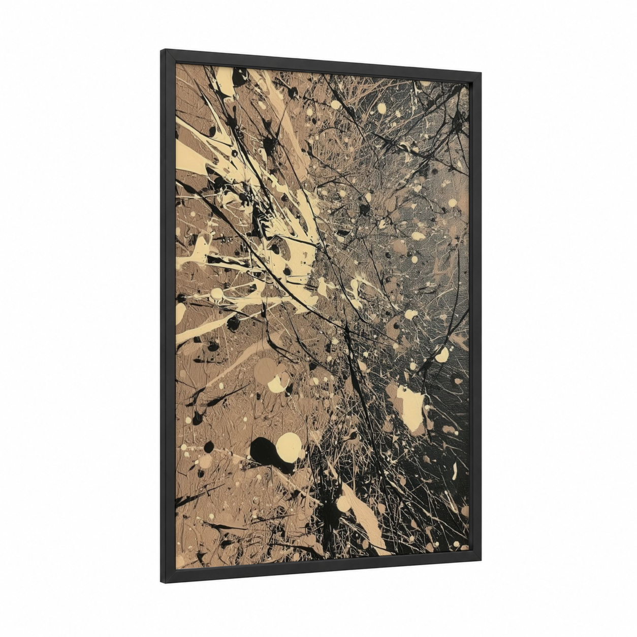 Cosmic Splatter framed abstract classic print — black wood frame — black and white and cream palette