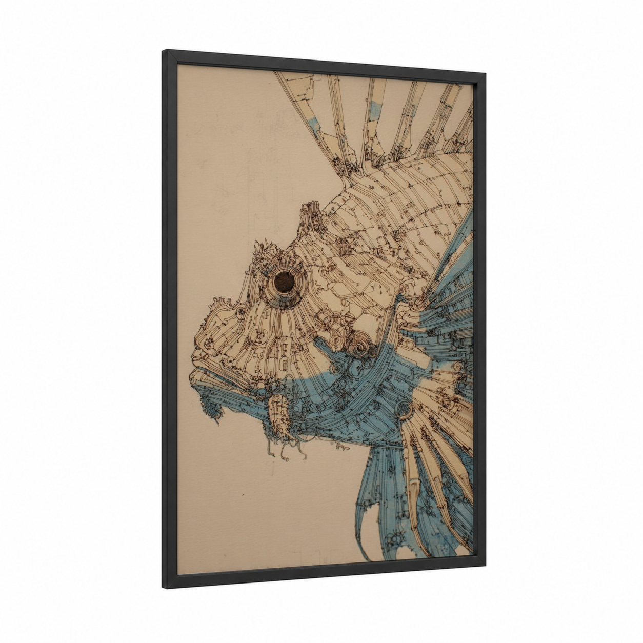 Mechanical Lionfish framed art print — black wood frame — cream and blue palette