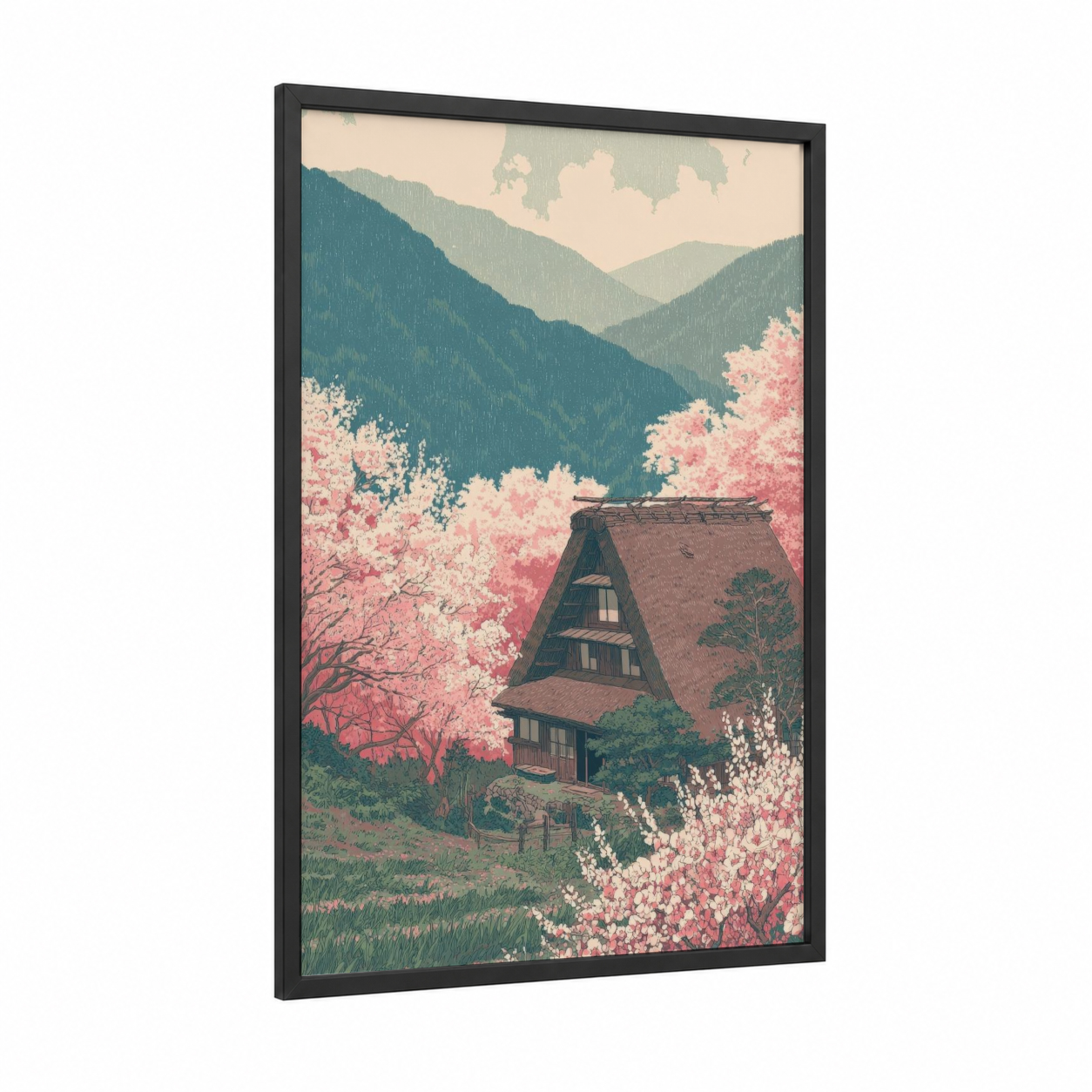 Cherry Blossom Cottage framed house print — black wood frame — pink and teal palette