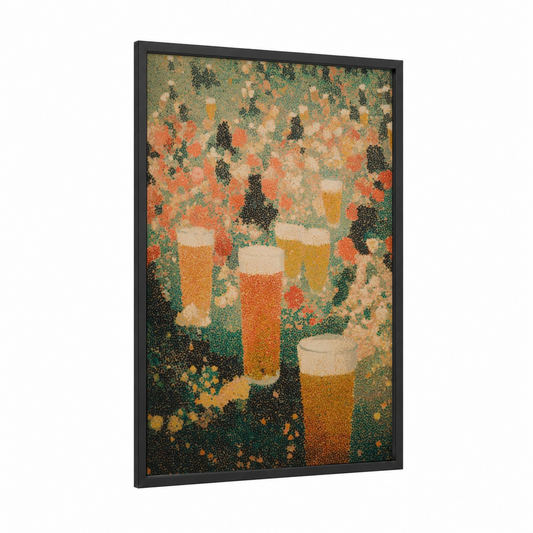 Festive Beer Garden framed art print — black wood frame — gold and teal palette