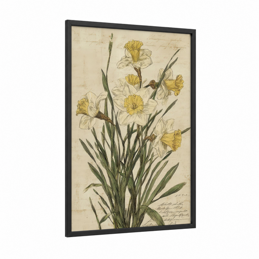 Spring Daffodils framed art print — black wood frame — cream and light green palette