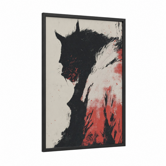 Crimson Werewolf framed art print — black wood frame — black and red and black palette