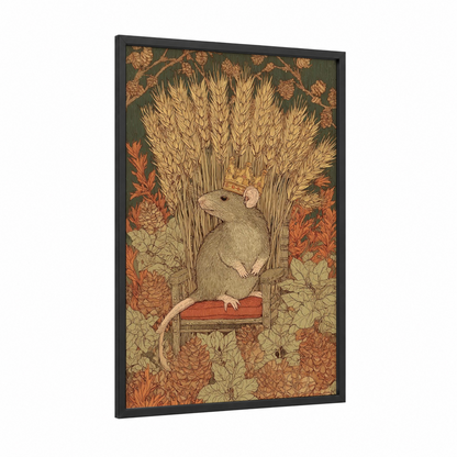 Seated Mouse framed mice print — black wood frame — gold and olive palette