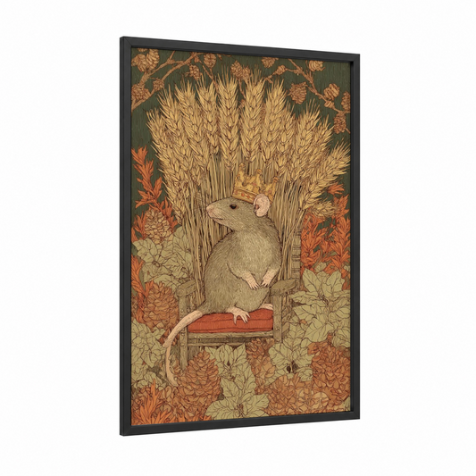 Seated Mouse framed mice print — black wood frame — gold and olive palette
