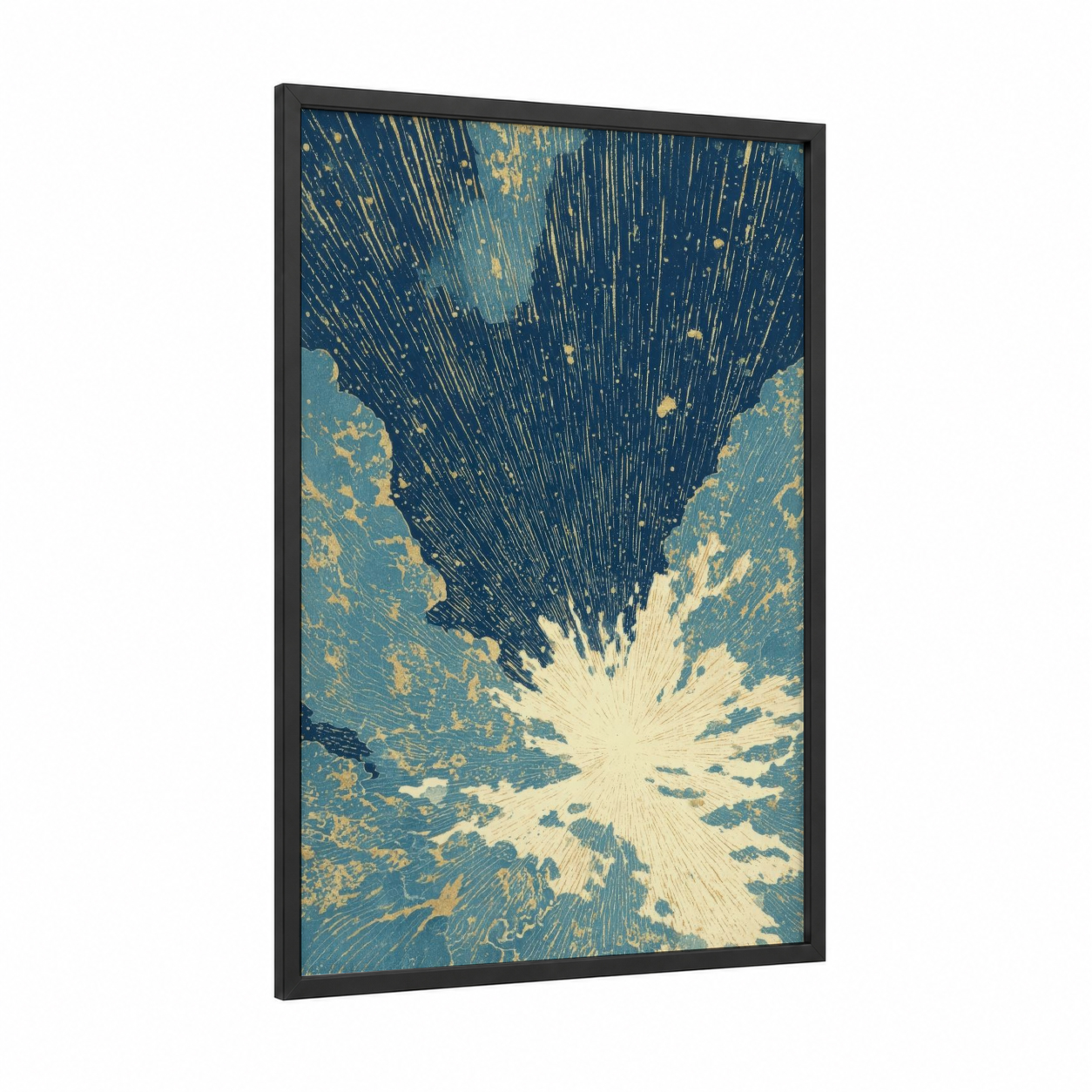Radiant Star Burst framed art print — black wood frame — blue and gold palette