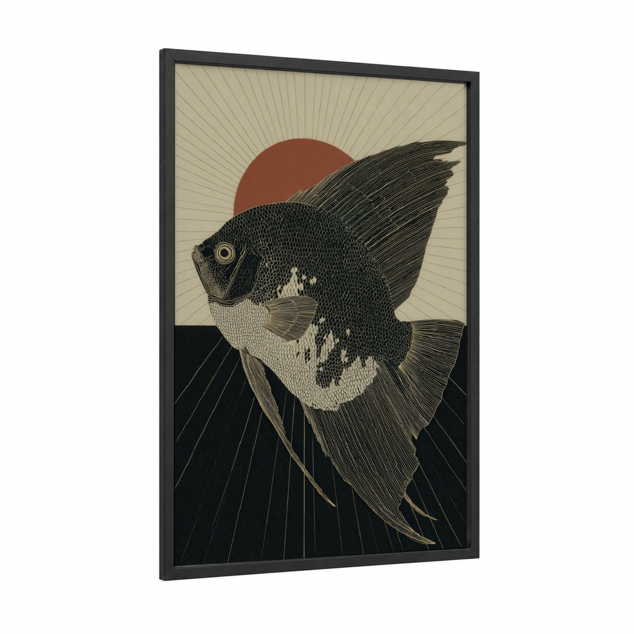 Sunset Discus Fish framed art print — black wood frame — black and white and russet palette