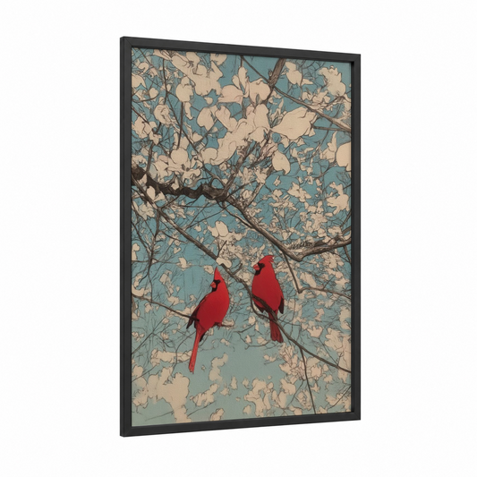 Cardinal Pair Blossoms framed art print — black wood frame — teal and cream palette