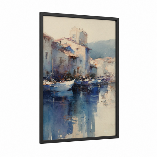 Coastal Harbor Calm framed beach town print — black wood frame — blue and cream palette