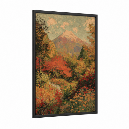 Autumn Mount Fuji framed art print — black wood frame — russet and sage green palette