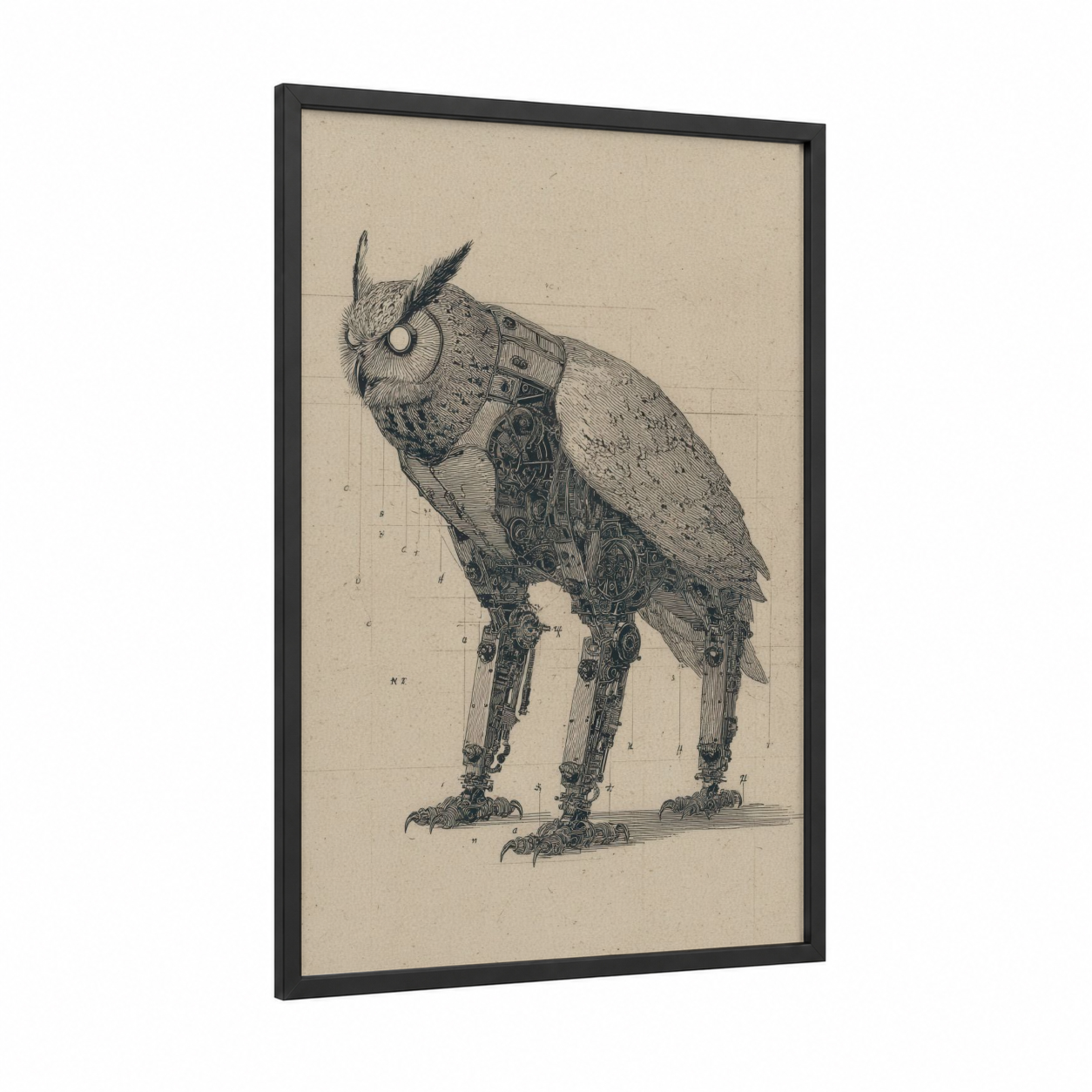 Steampunk Chimera framed art print — black wood frame — black and white and beige palette