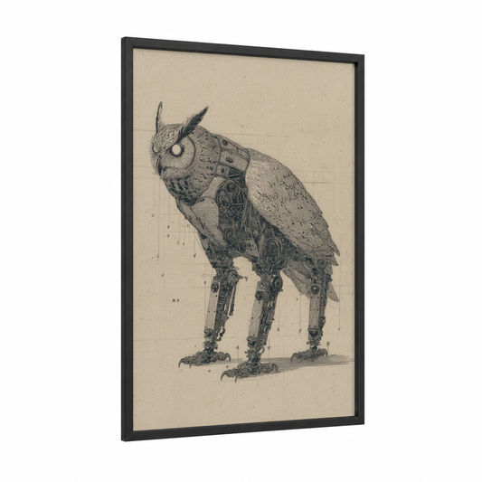 Steampunk Chimera framed art print — black wood frame — black and white and beige palette