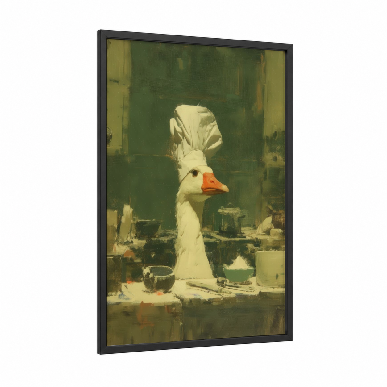 Chef Goose framed geese print — black wood frame — sage green and cream palette