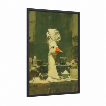 Chef Goose framed geese print — black wood frame — sage green and cream palette