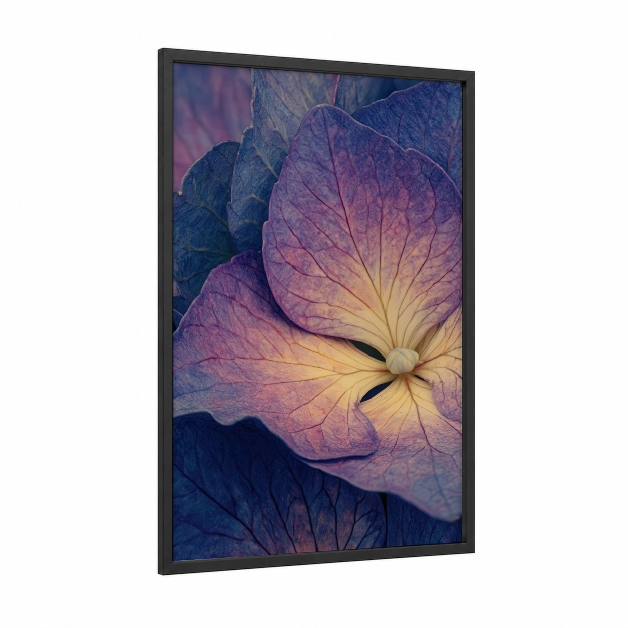 Twilight Hydrangea framed art print — black wood frame — purple and gold palette