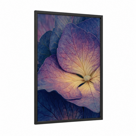 Twilight Hydrangea framed art print — black wood frame — purple and gold palette