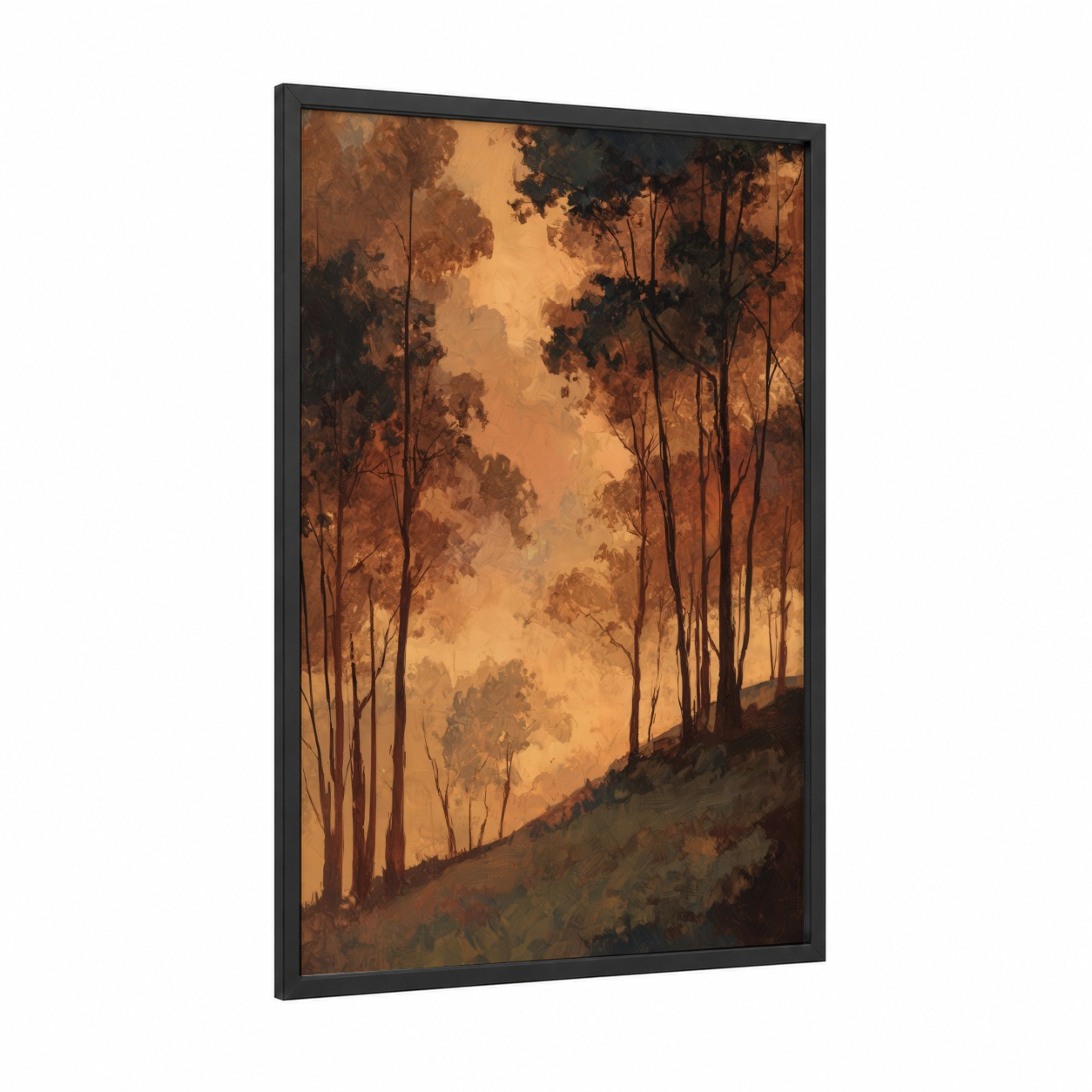 Golden Eucalyptus Forest framed art print — black wood frame — gold and orange palette