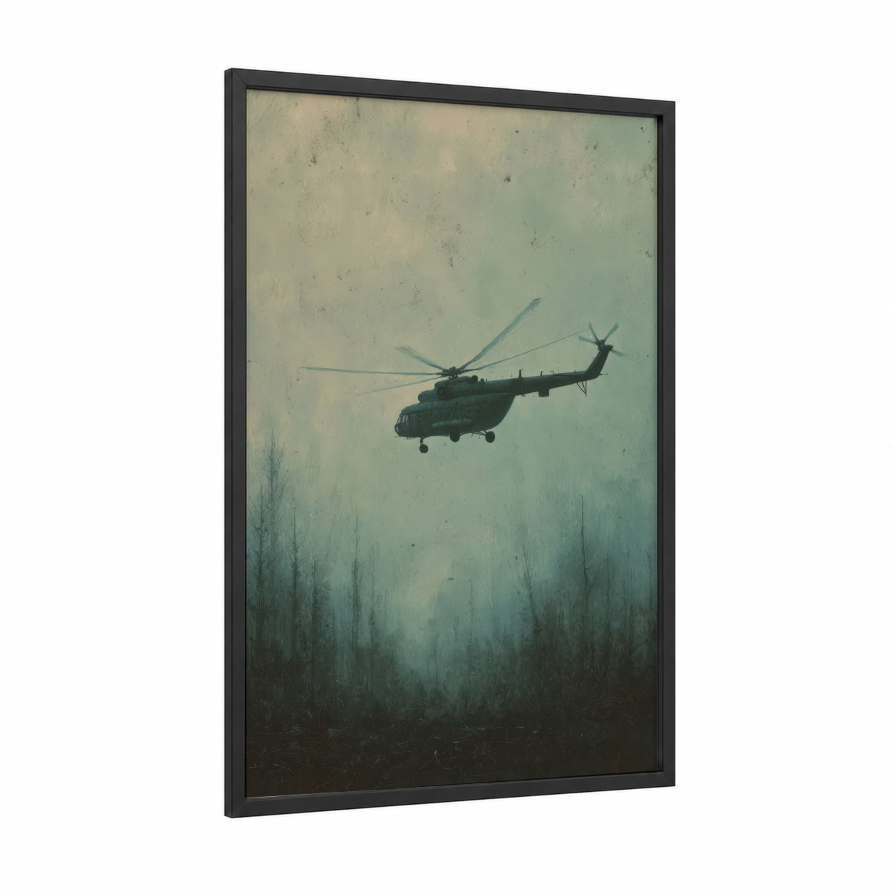 Misty Helicopter framed art print — black wood frame — sage green and gray palette