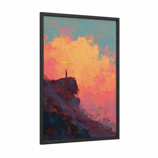 Golden Summit Cross framed christian symbols print — black wood frame — gold and rose gold palette
